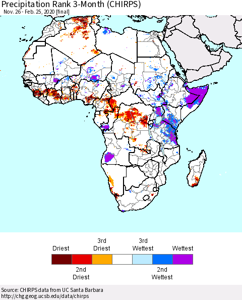 Africa Precipitation Rank since 1981, 3-Month (CHIRPS) Thematic Map For 11/26/2019 - 2/25/2020