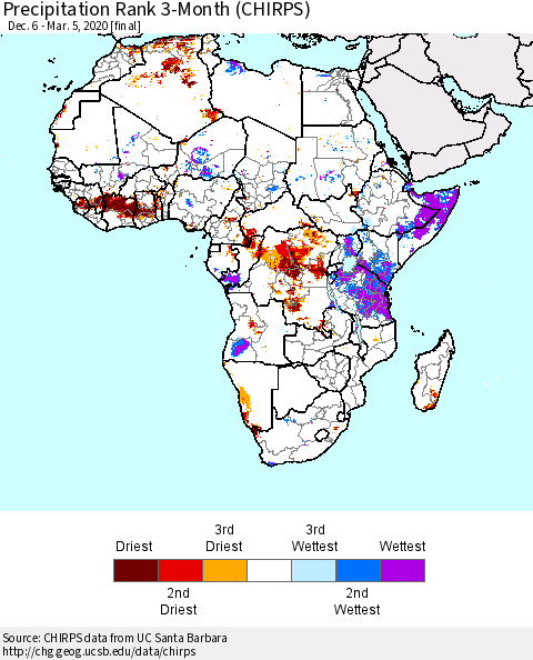 Africa Precipitation Rank since 1981, 3-Month (CHIRPS) Thematic Map For 12/6/2019 - 3/5/2020