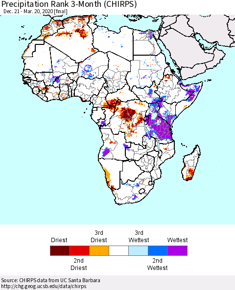 Africa Precipitation Rank since 1981, 3-Month (CHIRPS) Thematic Map For 12/21/2019 - 3/20/2020
