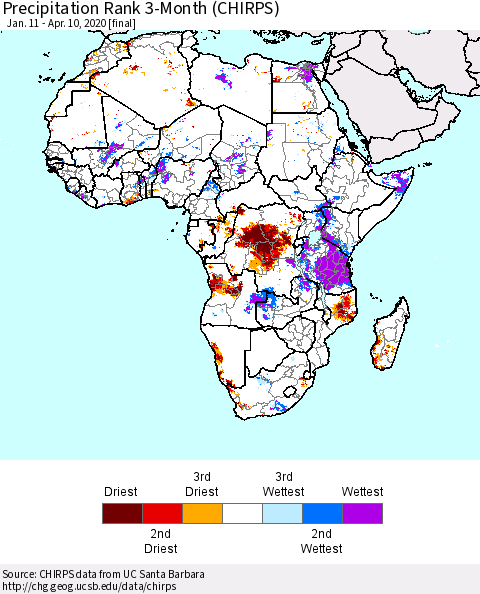 Africa Precipitation Rank since 1981, 3-Month (CHIRPS) Thematic Map For 1/11/2020 - 4/10/2020
