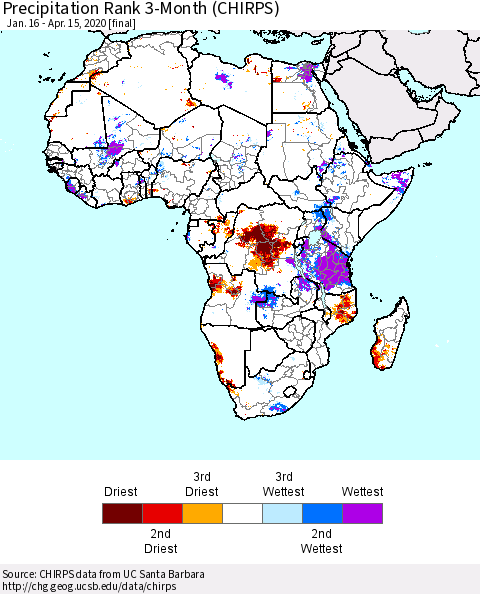 Africa Precipitation Rank since 1981, 3-Month (CHIRPS) Thematic Map For 1/16/2020 - 4/15/2020