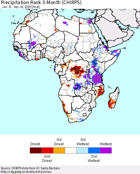 Africa Precipitation Rank since 1981, 3-Month (CHIRPS) Thematic Map For 1/21/2020 - 4/20/2020