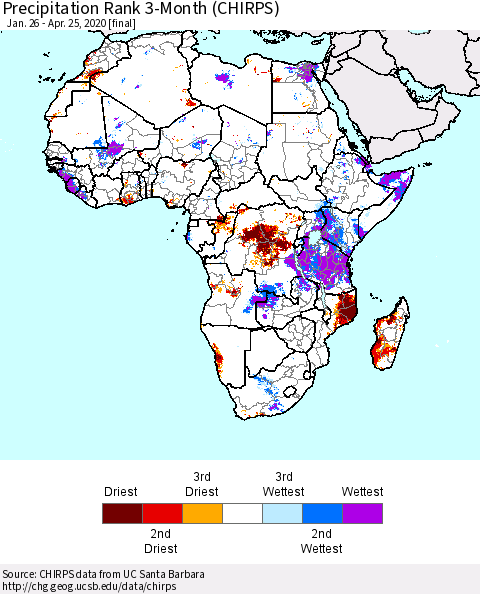 Africa Precipitation Rank since 1981, 3-Month (CHIRPS) Thematic Map For 1/26/2020 - 4/25/2020