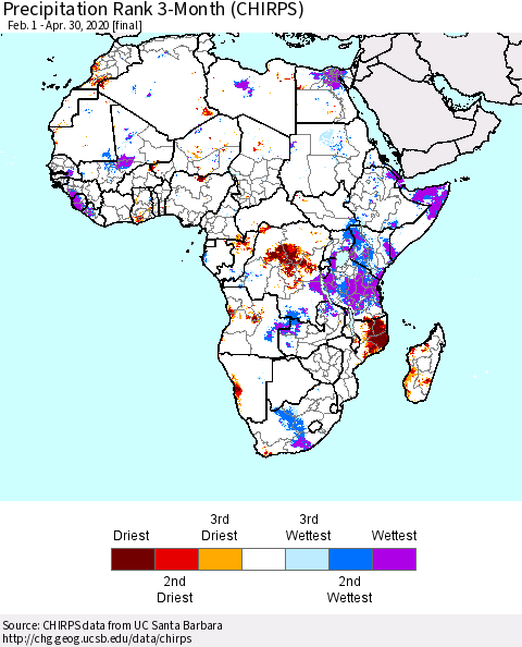 Africa Precipitation Rank since 1981, 3-Month (CHIRPS) Thematic Map For 2/1/2020 - 4/30/2020