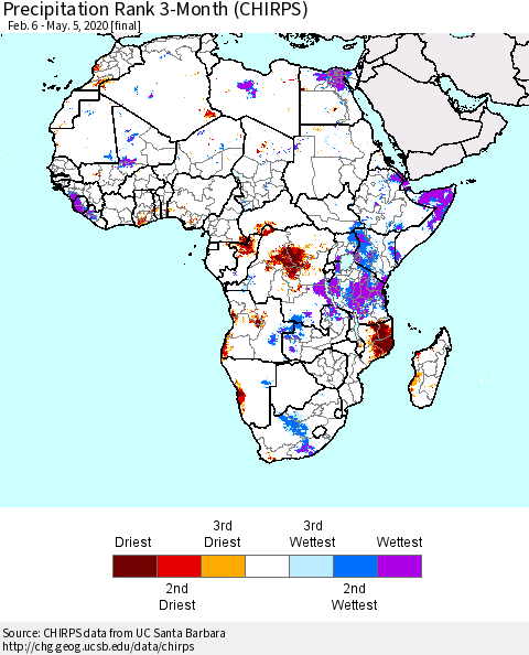 Africa Precipitation Rank since 1981, 3-Month (CHIRPS) Thematic Map For 2/6/2020 - 5/5/2020
