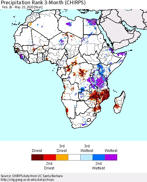 Africa Precipitation Rank since 1981, 3-Month (CHIRPS) Thematic Map For 2/26/2020 - 5/25/2020
