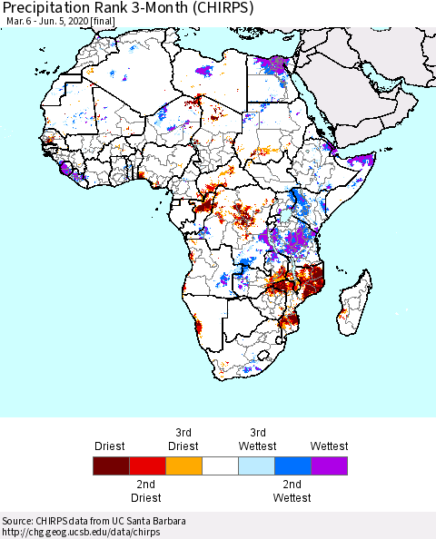 Africa Precipitation Rank 3-Month (CHIRPS) Thematic Map For 3/6/2020 - 6/5/2020