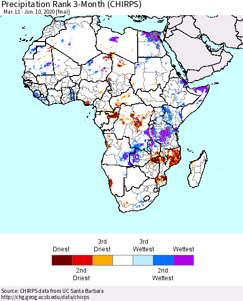 Africa Precipitation Rank since 1981, 3-Month (CHIRPS) Thematic Map For 3/11/2020 - 6/10/2020