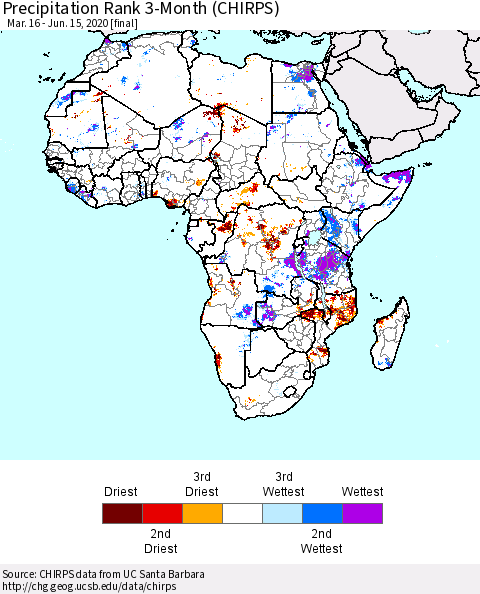 Africa Precipitation Rank 3-Month (CHIRPS) Thematic Map For 3/16/2020 - 6/15/2020