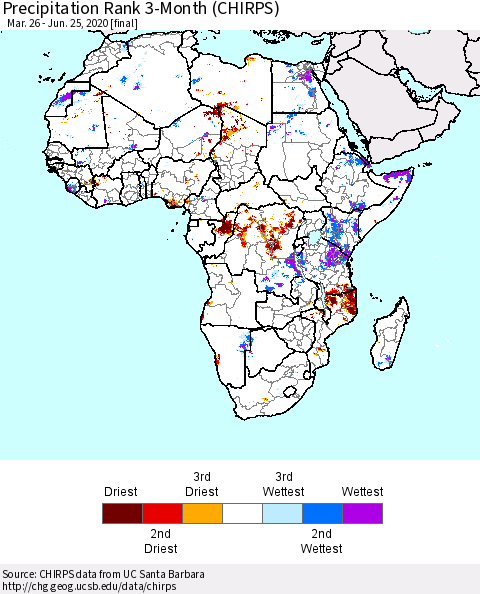Africa Precipitation Rank since 1981, 3-Month (CHIRPS) Thematic Map For 3/26/2020 - 6/25/2020
