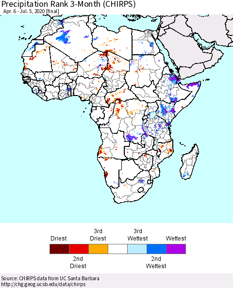 Africa Precipitation Rank since 1981, 3-Month (CHIRPS) Thematic Map For 4/6/2020 - 7/5/2020