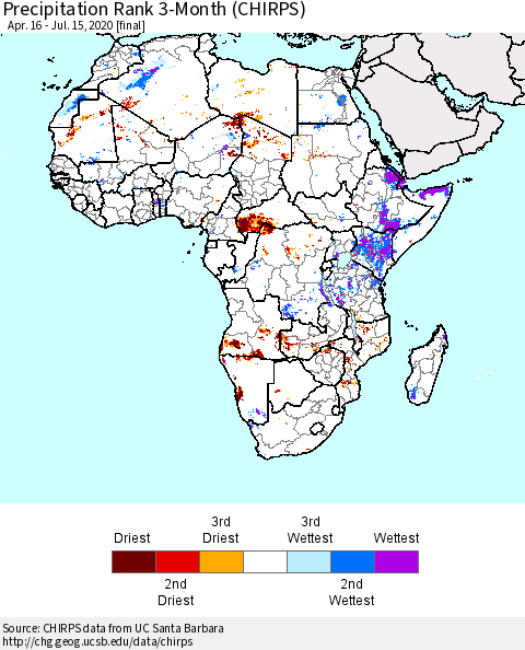 Africa Precipitation Rank 3-Month (CHIRPS) Thematic Map For 4/16/2020 - 7/15/2020
