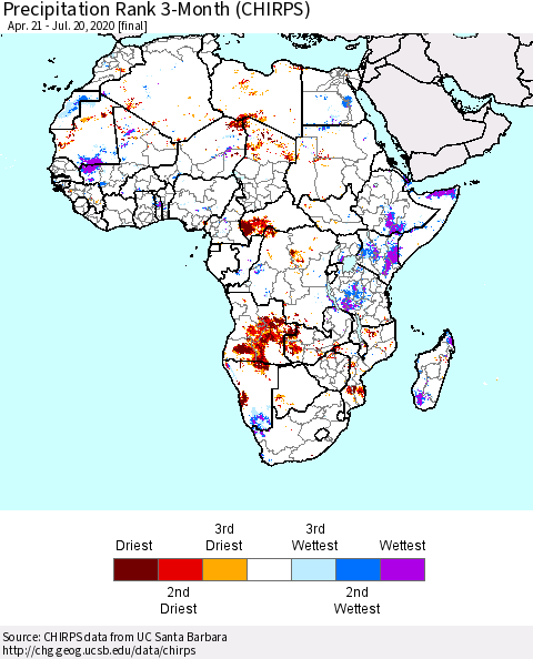 Africa Precipitation Rank 3-Month (CHIRPS) Thematic Map For 4/21/2020 - 7/20/2020