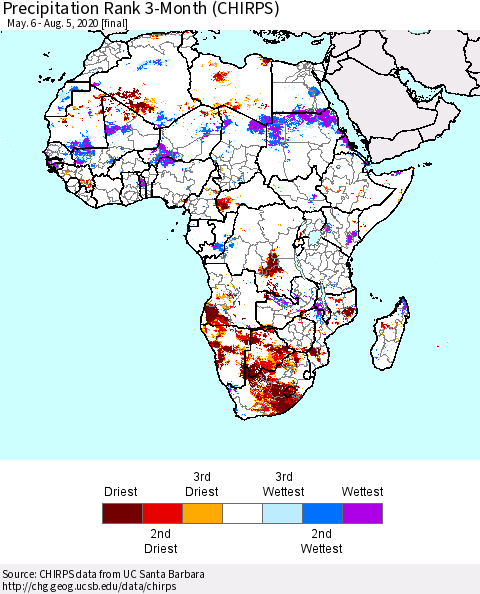 Africa Precipitation Rank 3-Month (CHIRPS) Thematic Map For 5/6/2020 - 8/5/2020