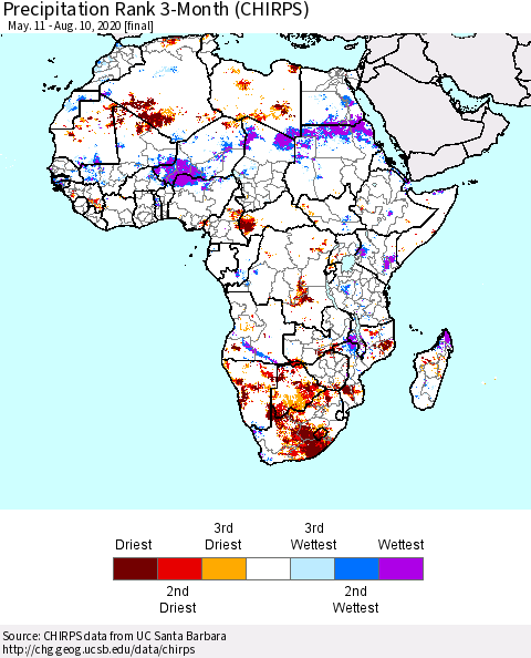 Africa Precipitation Rank 3-Month (CHIRPS) Thematic Map For 5/11/2020 - 8/10/2020