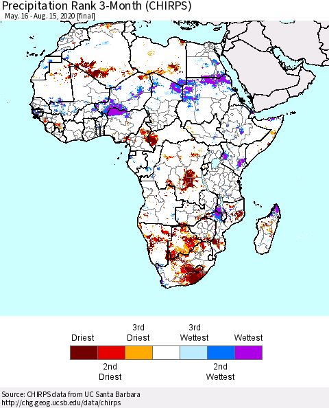 Africa Precipitation Rank since 1981, 3-Month (CHIRPS) Thematic Map For 5/16/2020 - 8/15/2020