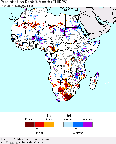 Africa Precipitation Rank 3-Month (CHIRPS) Thematic Map For 5/26/2020 - 8/25/2020