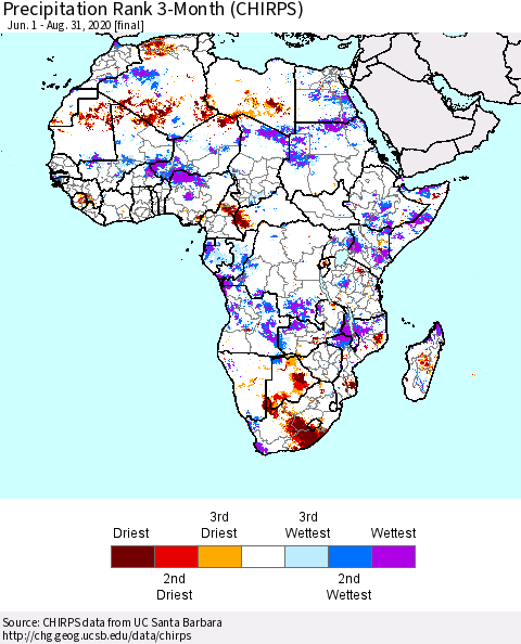 Africa Precipitation Rank 3-Month (CHIRPS) Thematic Map For 6/1/2020 - 8/31/2020
