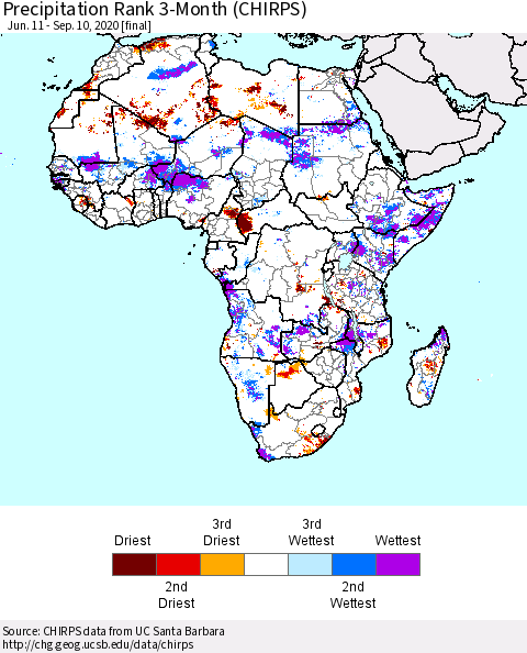 Africa Precipitation Rank 3-Month (CHIRPS) Thematic Map For 6/11/2020 - 9/10/2020