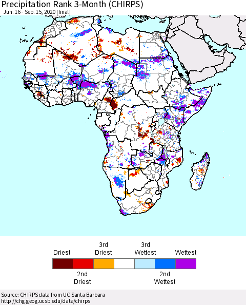 Africa Precipitation Rank since 1981, 3-Month (CHIRPS) Thematic Map For 6/16/2020 - 9/15/2020