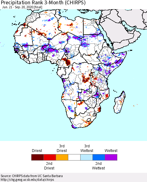 Africa Precipitation Rank 3-Month (CHIRPS) Thematic Map For 6/21/2020 - 9/20/2020