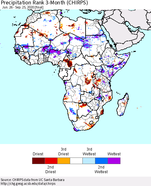 Africa Precipitation Rank 3-Month (CHIRPS) Thematic Map For 6/26/2020 - 9/25/2020