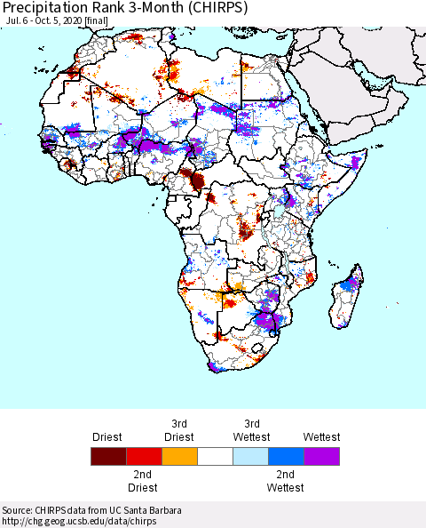 Africa Precipitation Rank 3-Month (CHIRPS) Thematic Map For 7/6/2020 - 10/5/2020