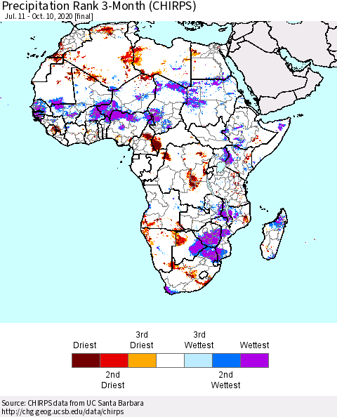 Africa Precipitation Rank 3-Month (CHIRPS) Thematic Map For 7/11/2020 - 10/10/2020
