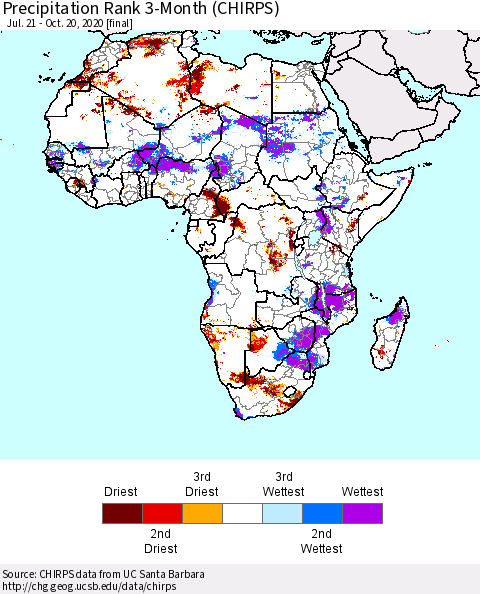 Africa Precipitation Rank 3-Month (CHIRPS) Thematic Map For 7/21/2020 - 10/20/2020