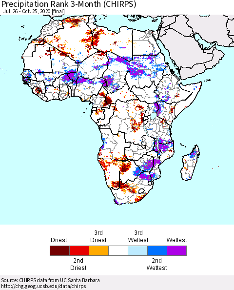 Africa Precipitation Rank 3-Month (CHIRPS) Thematic Map For 7/26/2020 - 10/25/2020