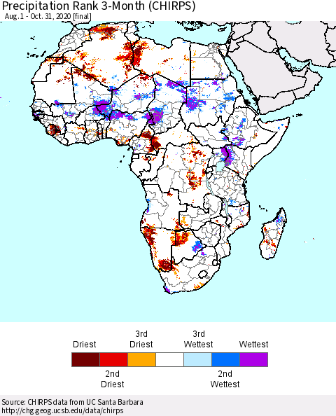 Africa Precipitation Rank 3-Month (CHIRPS) Thematic Map For 8/1/2020 - 10/31/2020