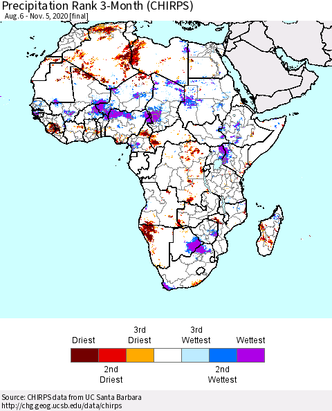 Africa Precipitation Rank 3-Month (CHIRPS) Thematic Map For 8/6/2020 - 11/5/2020
