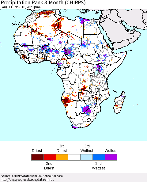 Africa Precipitation Rank 3-Month (CHIRPS) Thematic Map For 8/11/2020 - 11/10/2020