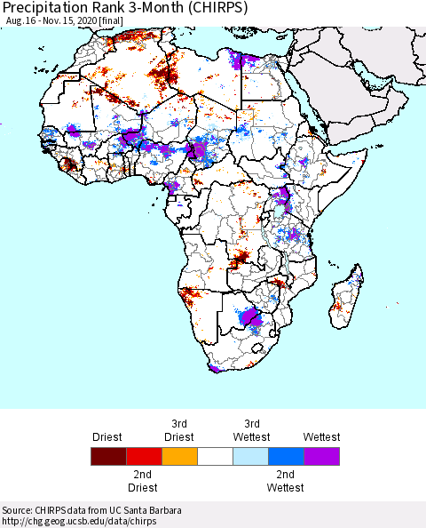 Africa Precipitation Rank 3-Month (CHIRPS) Thematic Map For 8/16/2020 - 11/15/2020