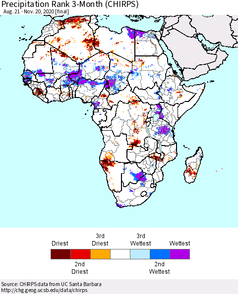 Africa Precipitation Rank since 1981, 3-Month (CHIRPS) Thematic Map For 8/21/2020 - 11/20/2020