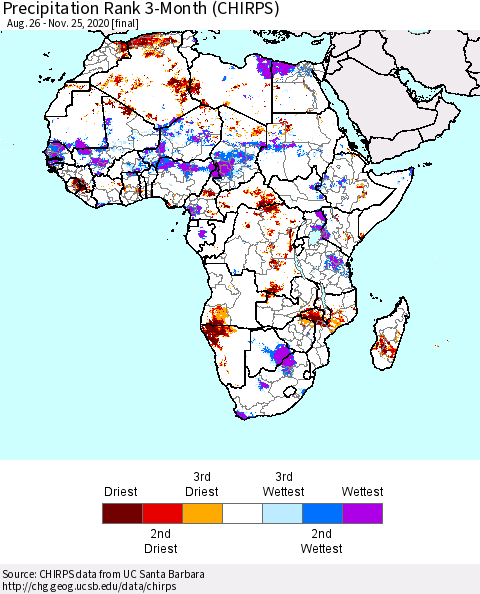 Africa Precipitation Rank since 1981, 3-Month (CHIRPS) Thematic Map For 8/26/2020 - 11/25/2020