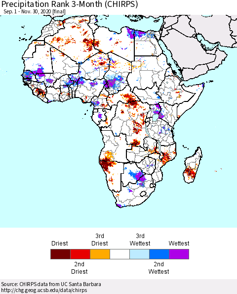 Africa Precipitation Rank 3-Month (CHIRPS) Thematic Map For 9/1/2020 - 11/30/2020