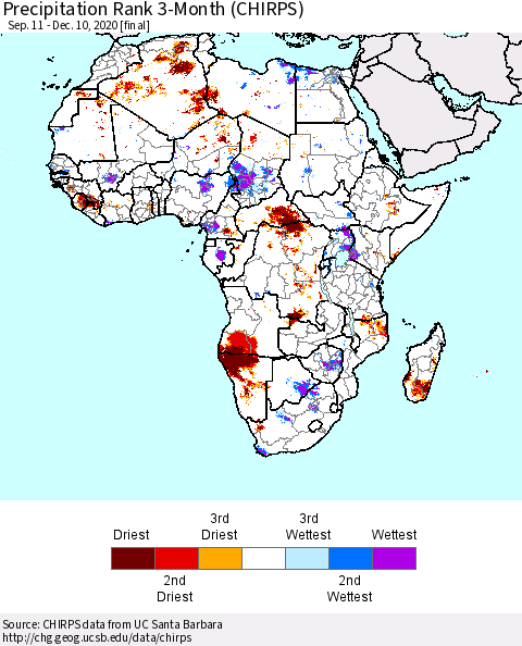 Africa Precipitation Rank 3-Month (CHIRPS) Thematic Map For 9/11/2020 - 12/10/2020
