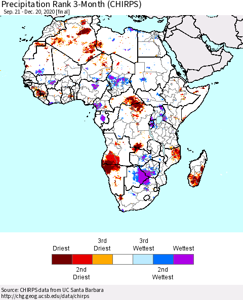 Africa Precipitation Rank since 1981, 3-Month (CHIRPS) Thematic Map For 9/21/2020 - 12/20/2020