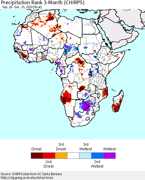Africa Precipitation Rank 3-Month (CHIRPS) Thematic Map For 9/26/2020 - 12/25/2020