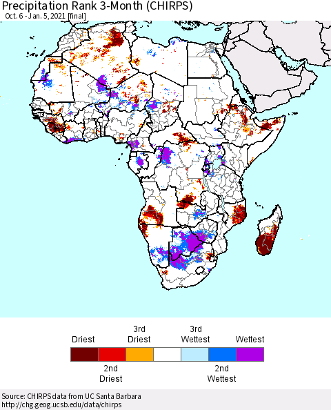 Africa Precipitation Rank since 1981, 3-Month (CHIRPS) Thematic Map For 10/6/2020 - 1/5/2021