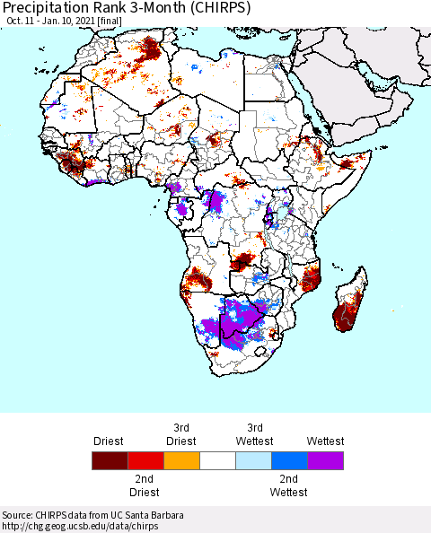Africa Precipitation Rank 3-Month (CHIRPS) Thematic Map For 10/11/2020 - 1/10/2021