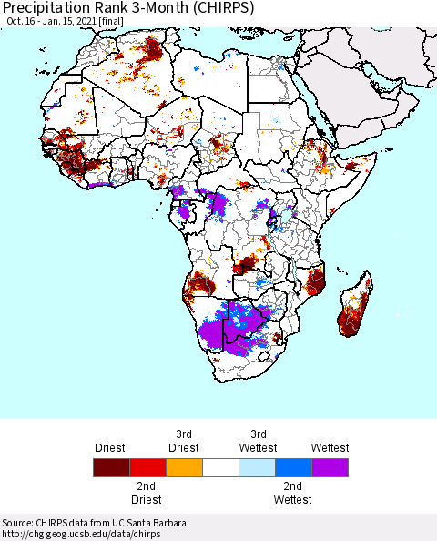 Africa Precipitation Rank since 1981, 3-Month (CHIRPS) Thematic Map For 10/16/2020 - 1/15/2021