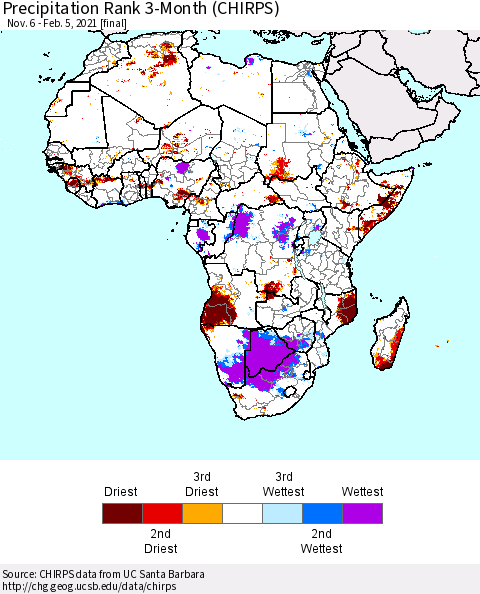 Africa Precipitation Rank 3-Month (CHIRPS) Thematic Map For 11/6/2020 - 2/5/2021