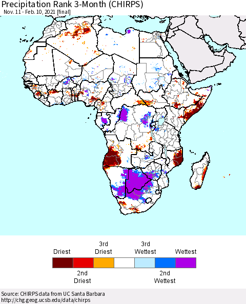 Africa Precipitation Rank since 1981, 3-Month (CHIRPS) Thematic Map For 11/11/2020 - 2/10/2021