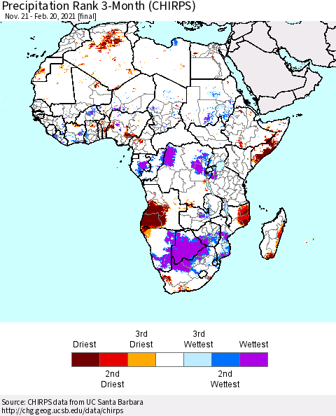 Africa Precipitation Rank 3-Month (CHIRPS) Thematic Map For 11/21/2020 - 2/20/2021