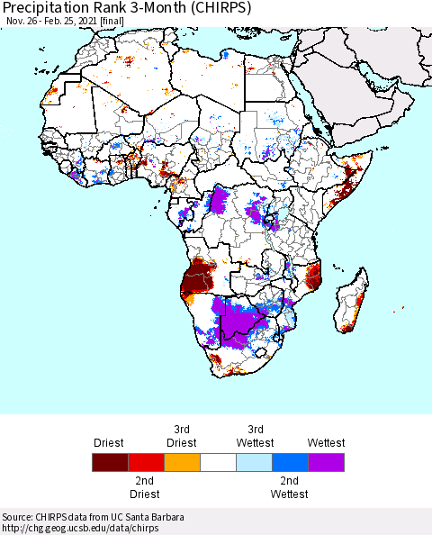 Africa Precipitation Rank 3-Month (CHIRPS) Thematic Map For 11/26/2020 - 2/25/2021