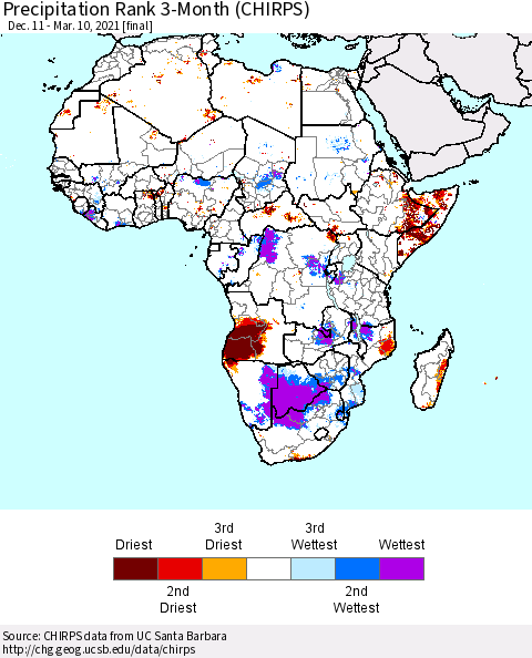 Africa Precipitation Rank since 1981, 3-Month (CHIRPS) Thematic Map For 12/11/2020 - 3/10/2021