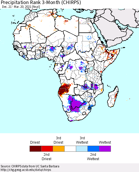Africa Precipitation Rank 3-Month (CHIRPS) Thematic Map For 12/21/2020 - 3/20/2021