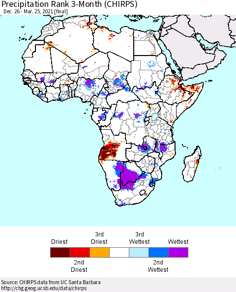 Africa Precipitation Rank 3-Month (CHIRPS) Thematic Map For 12/26/2020 - 3/25/2021